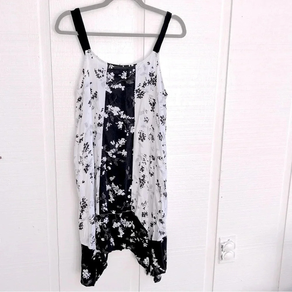 Whimsigoth Chic Flowy Black & White Floral Print Strappy Asymmetrical Sun Dress